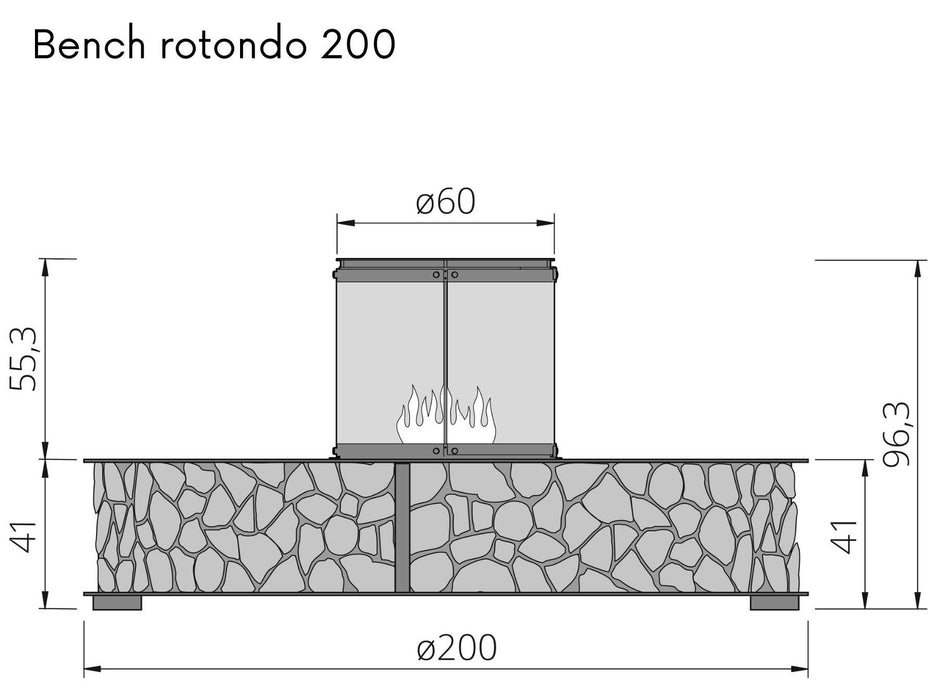 The Flame Bench rotondo - panchina con caminetto, ad acqua nebulizzata, centrale