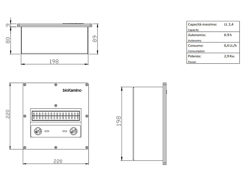 Biokamino Bruciatore a bioetanolo quadrato linea Q