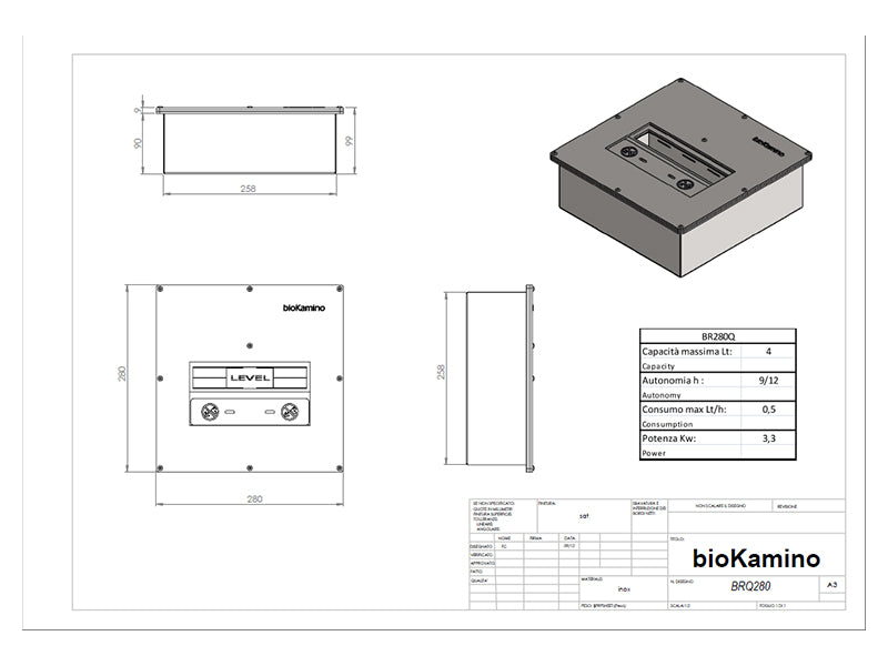 Biokamino Bruciatore a bioetanolo quadrato linea Q