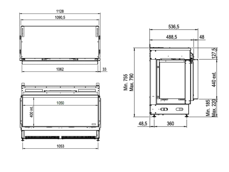 e-MatriX 1050/400 F  - caminetto elettrico a vapore acqueo, frontale