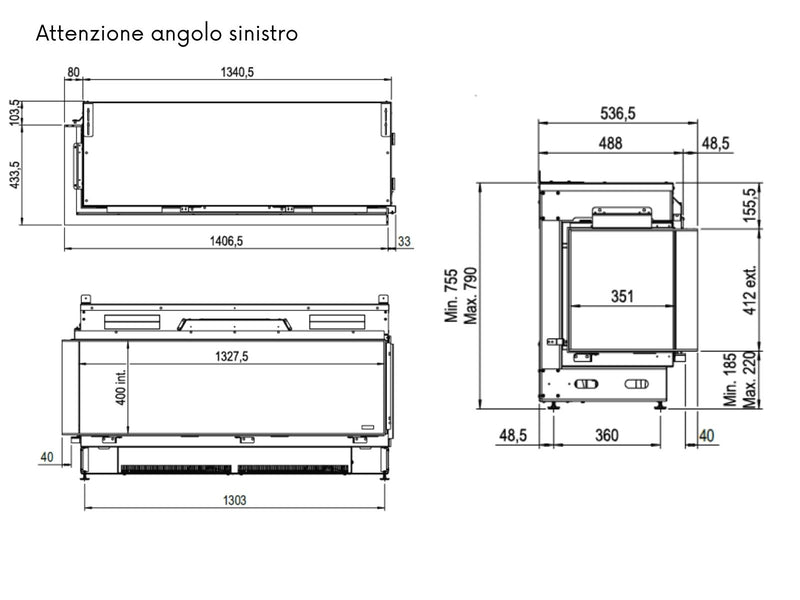 e-MatriX 1300/400 CR - caminetto elettrico a vapore acqueo, angolo destro