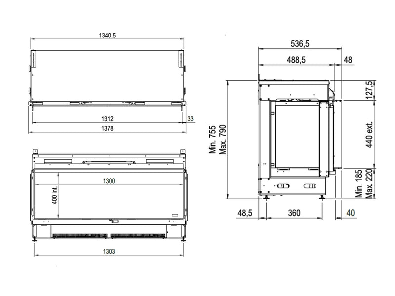 e-MatriX 1300/400 F - caminetto elettrico a vapore acqueo, frontale