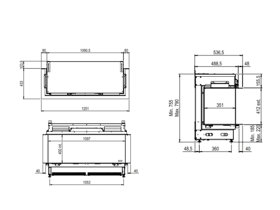 e-MatriX 1050/400 III - caminetto elettrico a vapore acqueo, trifacciale
