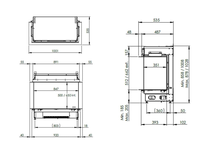 e-MatriX 800/500 S - caminetto elettrico a vapore acqueo, trifacciale