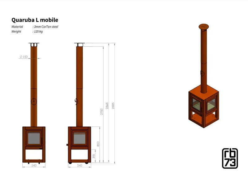 RB73 Quaruba L mobile, caminetto a legna per esterno in acciaio corten - Efesto Home