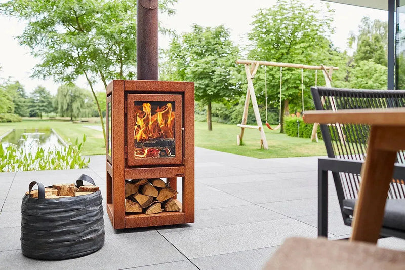 RB73 Quaruba XL mobile, caminetto a legna per esterno in acciaio corten - Efesto Home