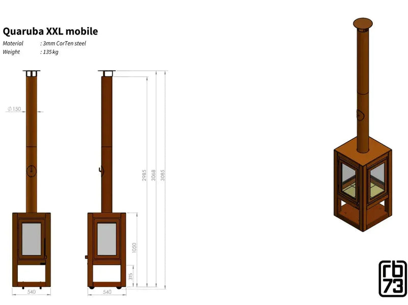 RB73 Quaruba XXL mobile, caminetto a legna per esterno in acciaio corten - Efesto Home